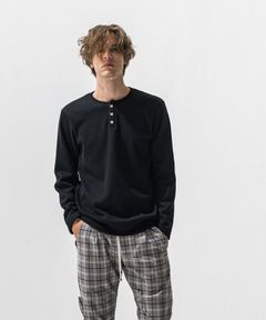 VELOURS FLEECE THERMAL HENRY / 裏起毛 サーマル生地 ロングスリーブ ヘンリーネック (ブラック) (10月下旬入荷予定) ※オーダー締切:9月7日(月)17時