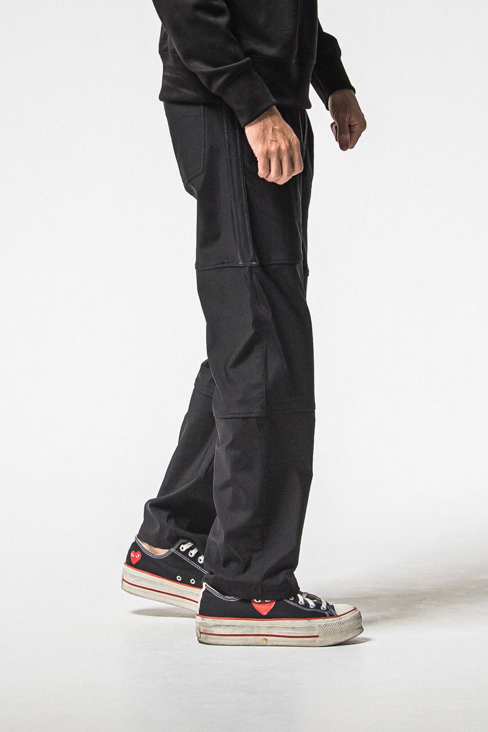 JOHNSON LINE WIDE HEAT PT / 裏起毛 ハイブリットジャージー ワイドテーパード ラインパンツ (ブラック/ブラック) (10月末入荷予定) ※オーダー締切：9月1日(月)18:00