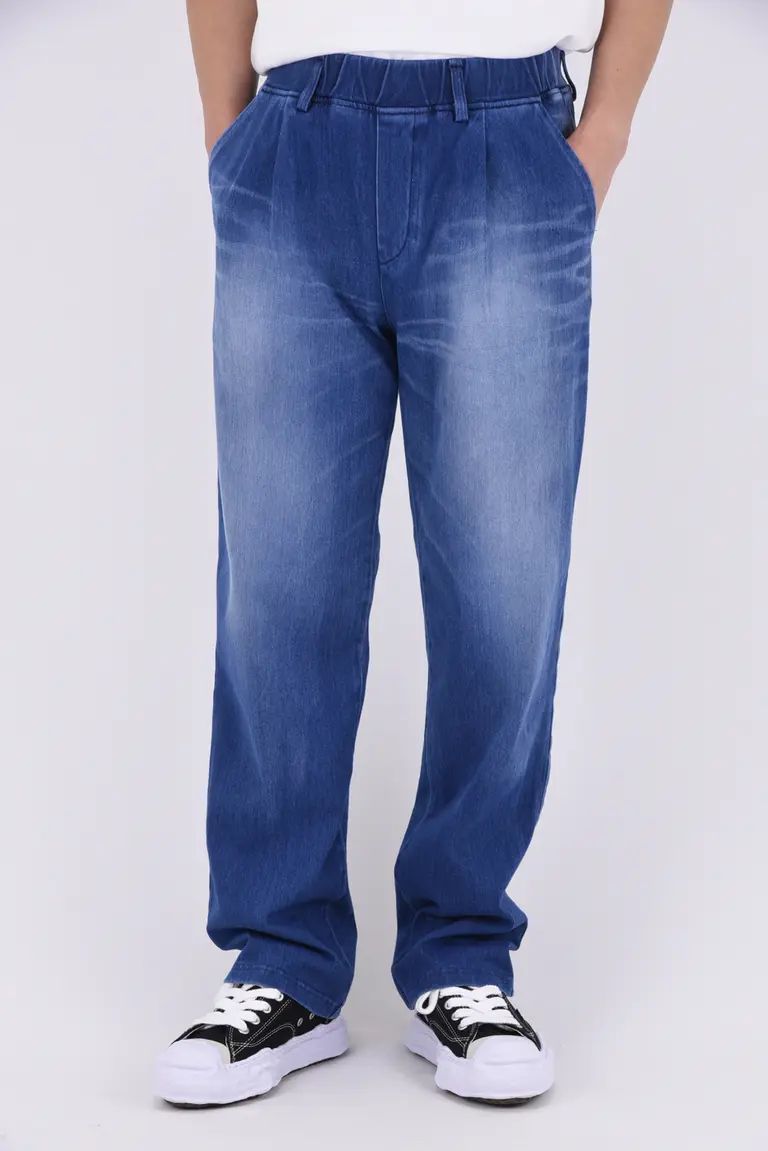 DENIM JERSEY WIDE PT / ジャージデニム セミワイド ワンタック スラックス型イージーパンツ ダークインディゴ
