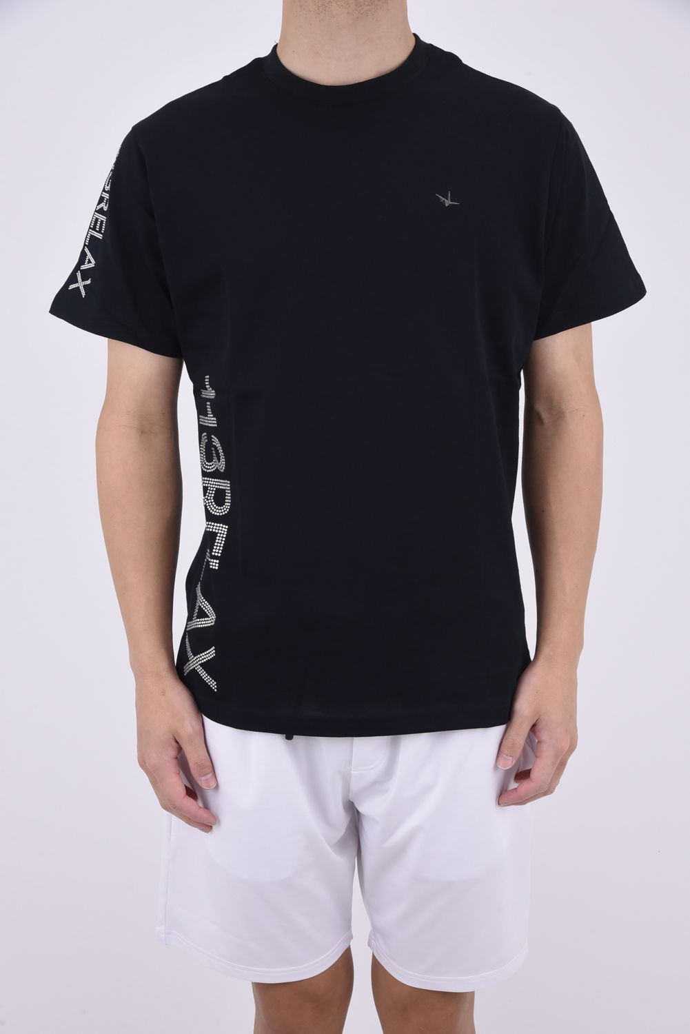 SIDE RHINESTONE T-SHIRT / サイドラインストーンロゴ クルーネックTシャツ ブラック