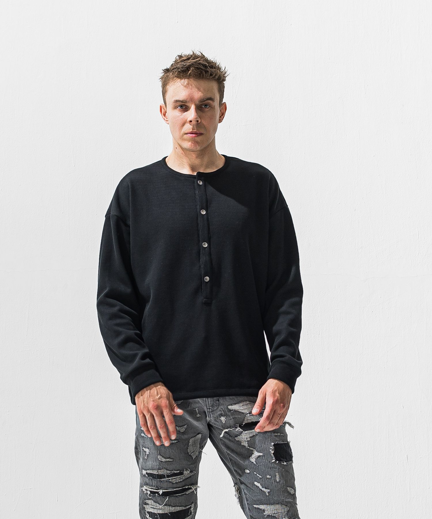 OVER HENRY VELOURS FLEECE THERMAL / 裏起毛 オーバーサイズ サーマル生地 ロングスリーブ ヘンリーネック (ブラック) (10月下旬入荷予定) ※オーダー締切:9月7日(月)17時