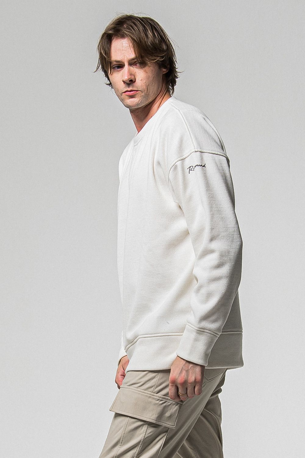 VELOURS FLEECE THERMAL  LOOSE TRAINER / 裏起毛 サーマル生地 ロングスリーブ トレーナー (ホワイト) (10月中旬入荷予定) ※オーダー締切：9月1日(月)18:00