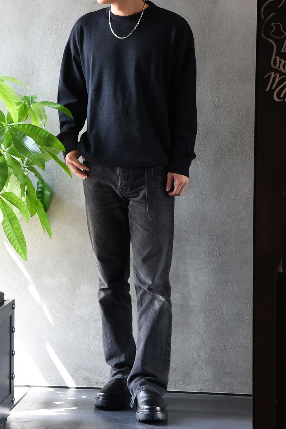【gossip 20th別注アイテム】 DRAWSTRING THERMAL LOOSE CUTSEW / ドローストリング 特注サーマル ロングスリーブTシャツ  (ブラック)