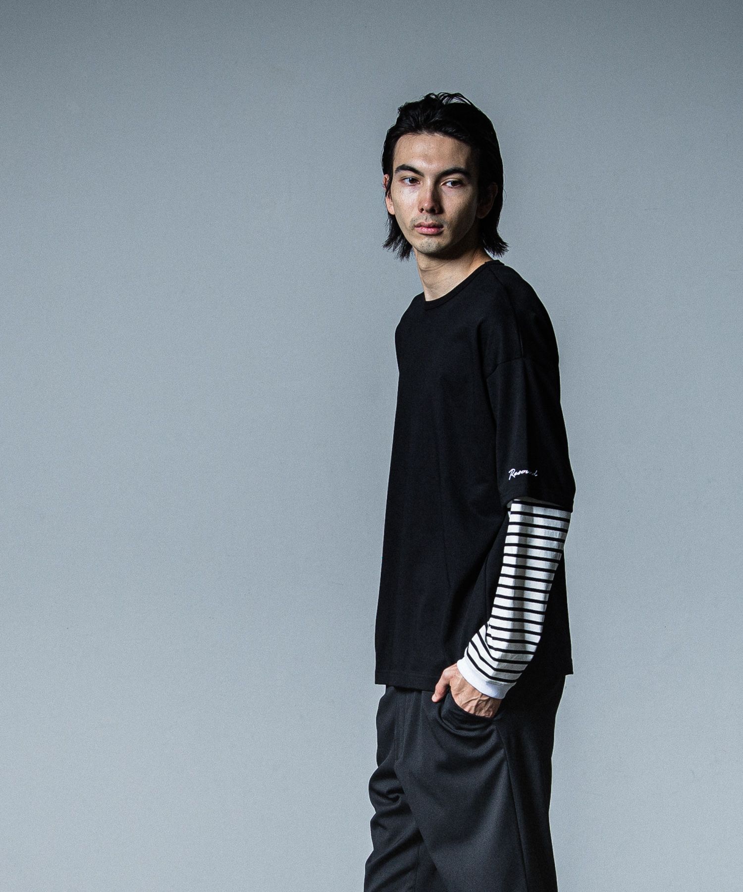 FAKE LAYERED LONGSLEEVE / ロングスリーブフェイクレイヤードTシャツ ブラックボーダー