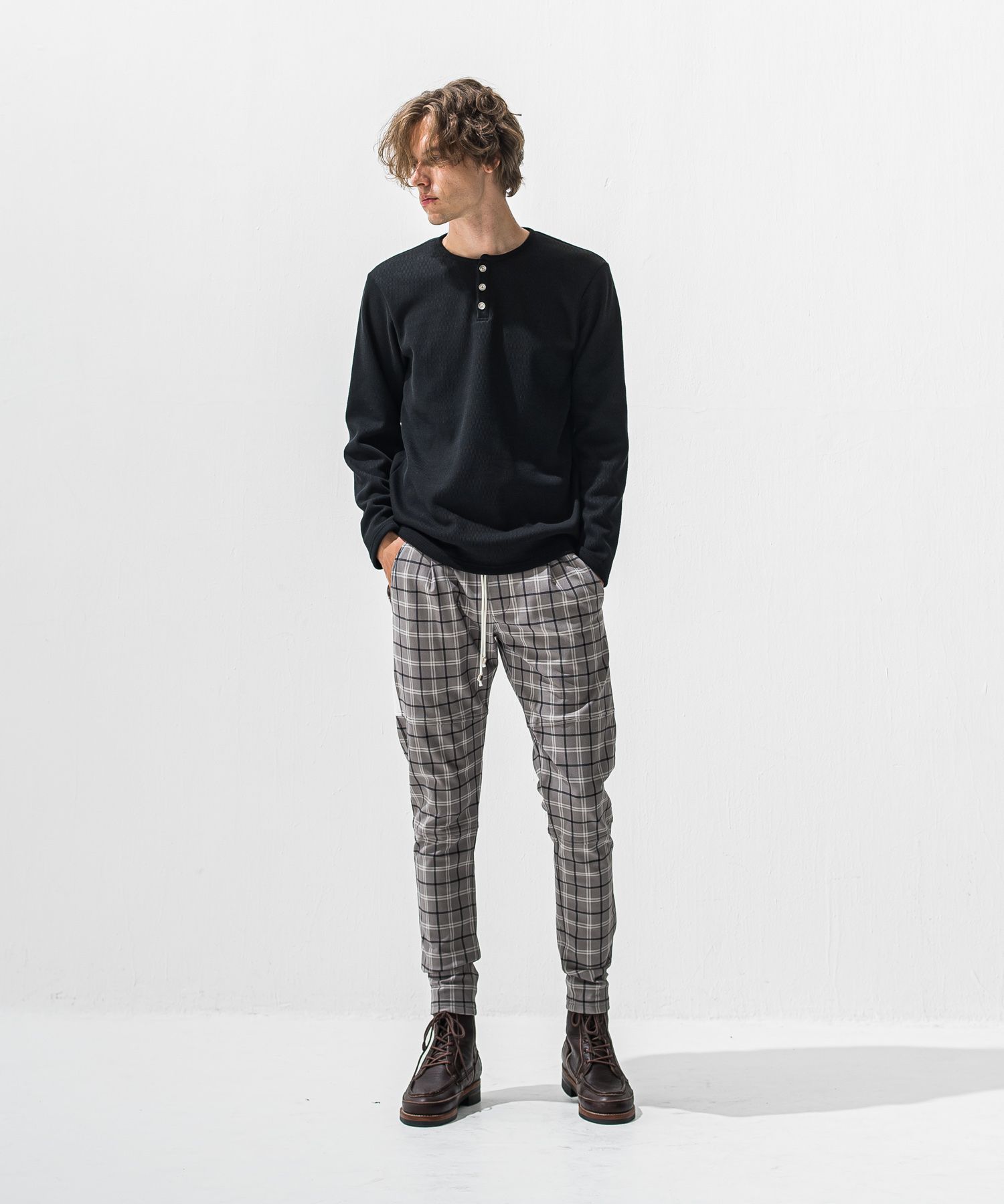 VELOURS FLEECE THERMAL HENRY / 裏起毛 サーマル生地 ロングスリーブ ヘンリーネック (ブラック) (10月下旬入荷予定) ※オーダー締切:9月7日(月)17時