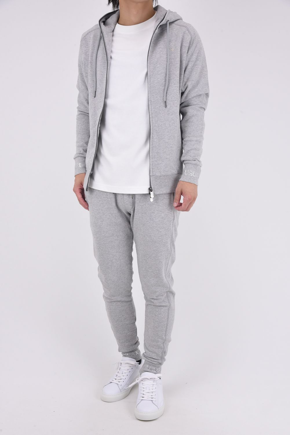JOGGER PANTS WITH RHINESTONE CUFFS / ラインストーンヘムスウェットジョガーパンツ (グレー)