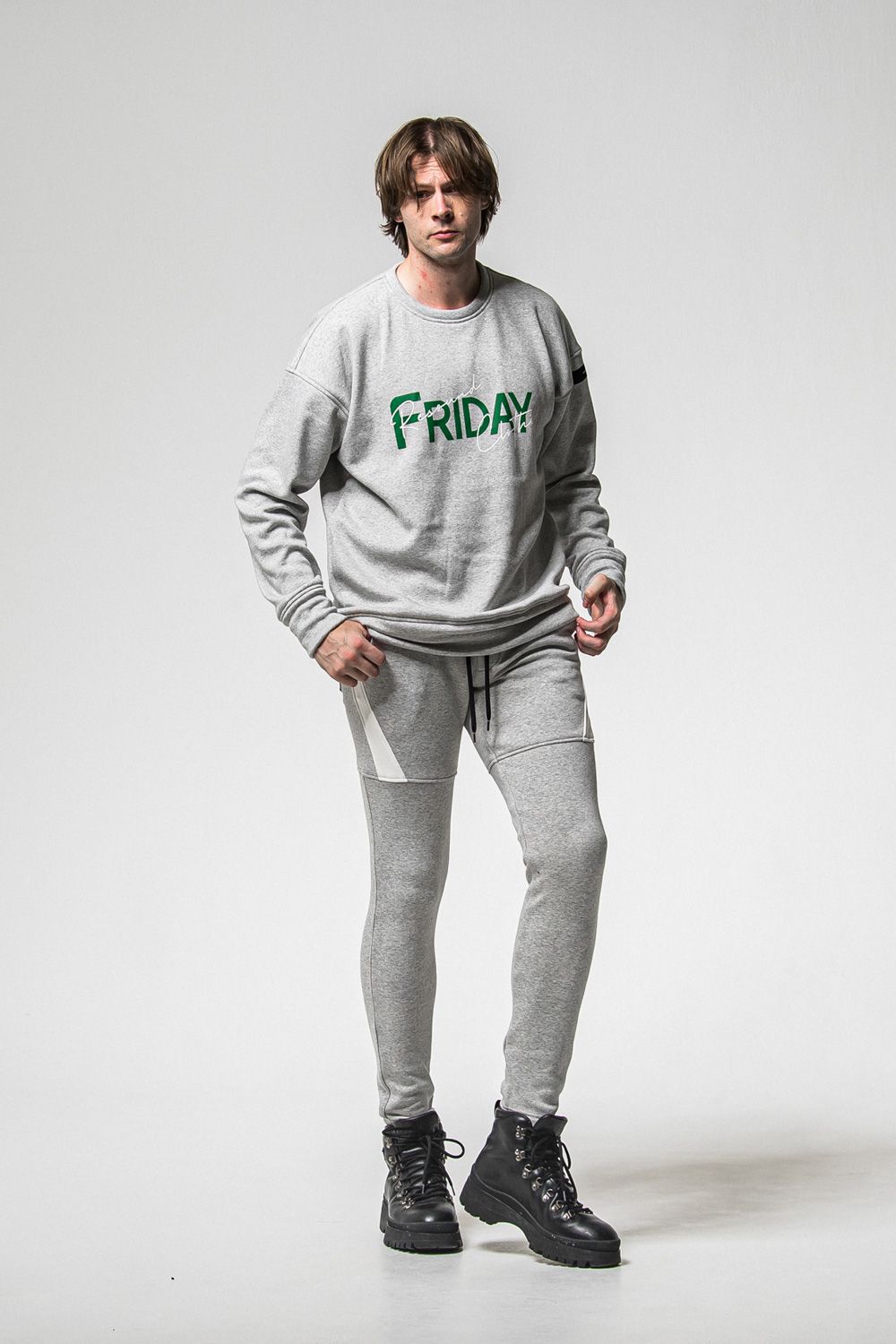 VELOURS FLEECE TYLER PANTS / ベロアフリースボア スキニータイト サイドライン イージーパンツ (グレー) (11月中旬入荷予定) ※オーダー締切：9月1日(月)18:00