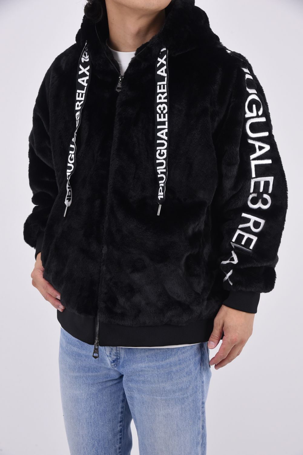 BOA LOGO HOODIE / ワイドスピンドル 袖ロゴ ファーブルゾン ブラック