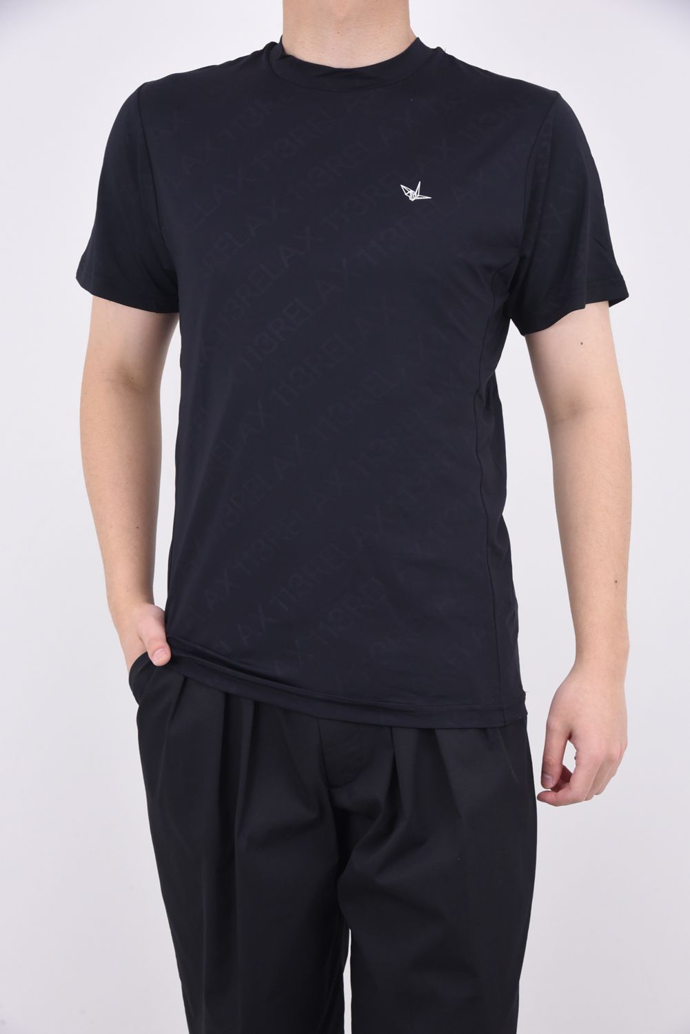 RUNNING DIAGONAL LOGO T-SHIRTS / 総柄モックネック 半袖コンプレッション インナー ブラック
