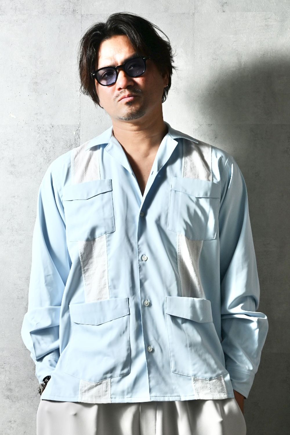 GUAYABERA SHIRTS / リラックスシルエット ストライプ柄 キューバシャツ (サックス) (3月中旬入荷予定) ※オーダー締切12/13(土)17:00