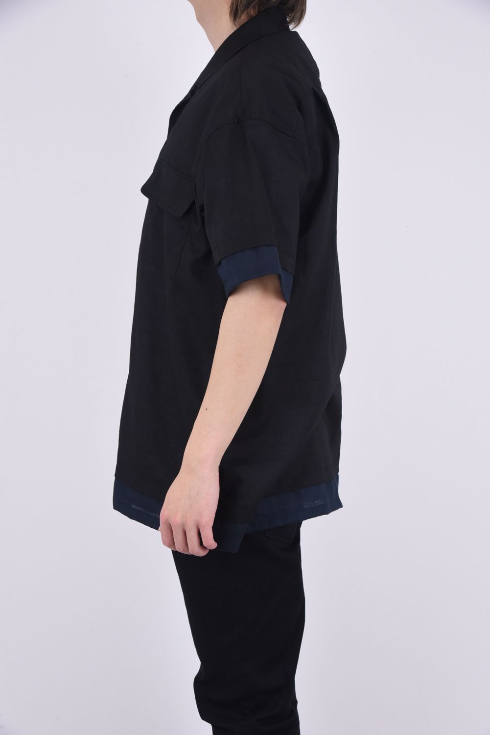 LAYERED HALF SLEEVES OPEN COLLAR SHIRT / レイヤード オープンカラー 半袖 シャツ ブラック