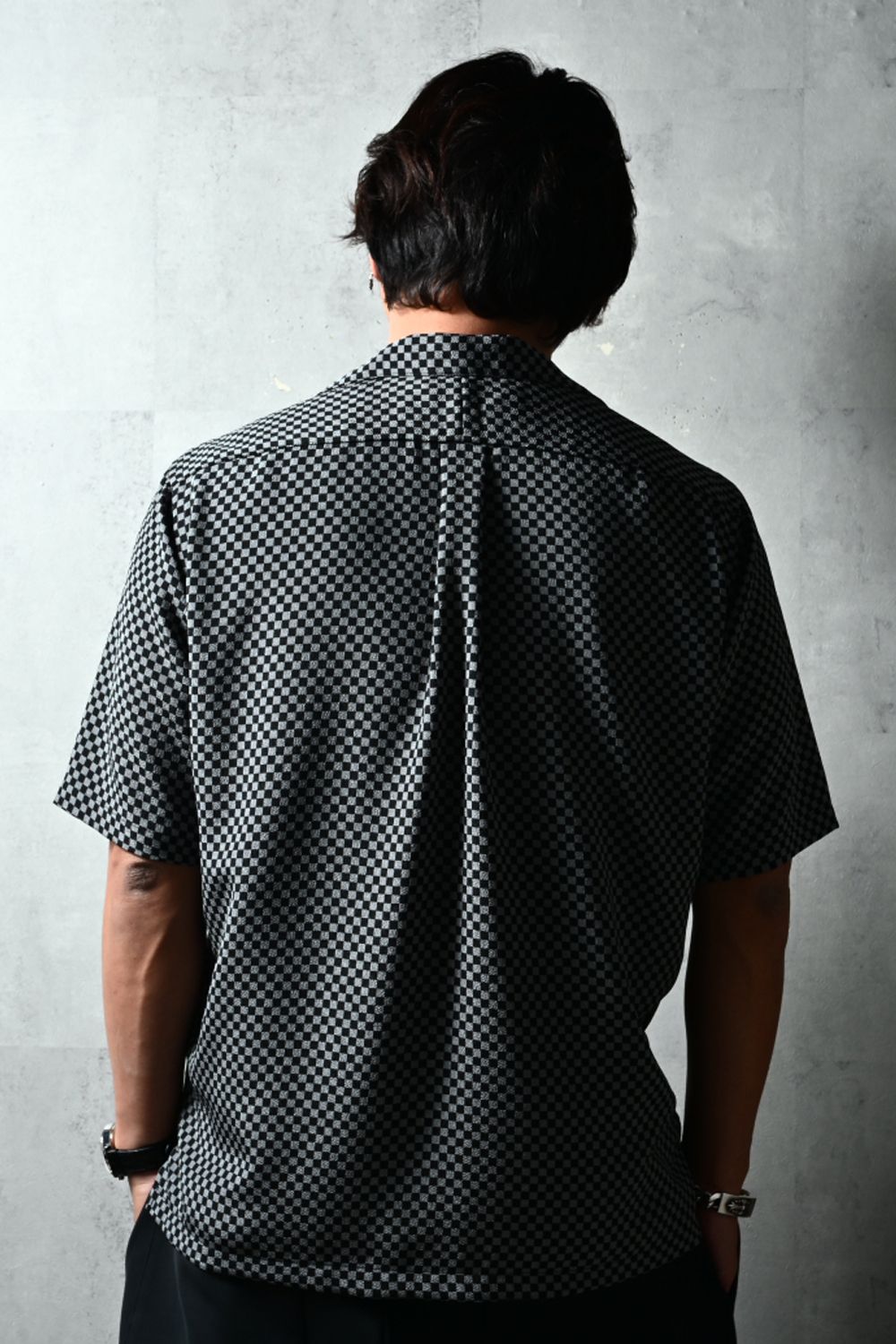 ICHIMATU SHIRTS / 市松模様 ハーフスリーブ オープンカラーシャツ (ブラック/グレー) (3月中旬入荷予定) ※オーダー締切12/13(土)17:00