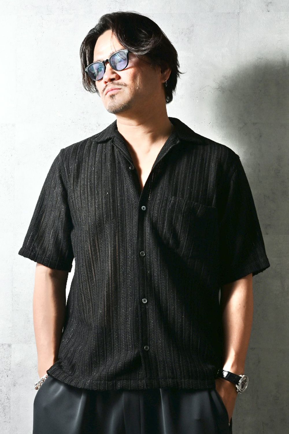 RUSSEL SHIRTS / リラックスシルエット ラッセル織り オープンカラーシャツ (ブラック) (3月中旬入荷予定) ※オーダー締切12/13(土)17:00