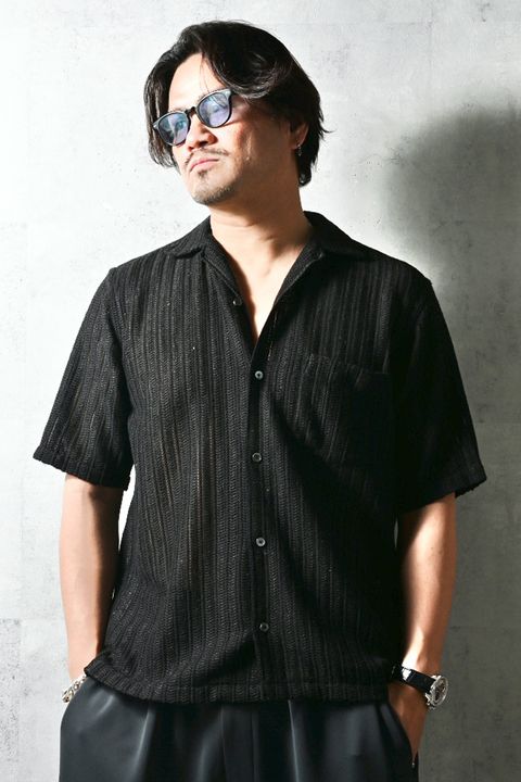 RUSSEL SHIRTS / リラックスシルエット ラッセル織り オープンカラーシャツ (ブラック)