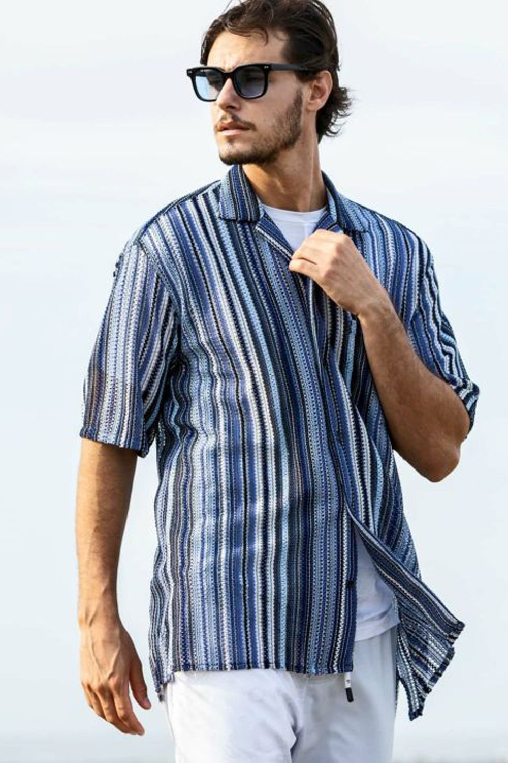 GAP KNIT STRIPED SHIRT / 透かし編み ストライプニット シャツ ブルー