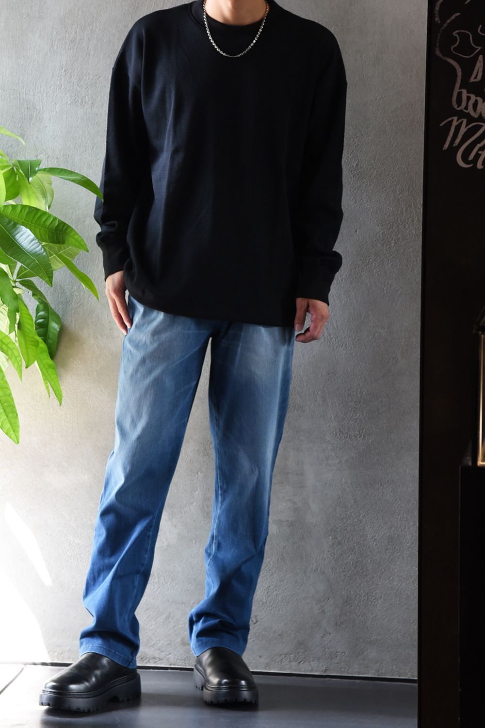 【gossip 20th別注アイテム】 DRAWSTRING THERMAL LOOSE CUTSEW / ドローストリング 特注サーマル ロングスリーブTシャツ  (ブラック)