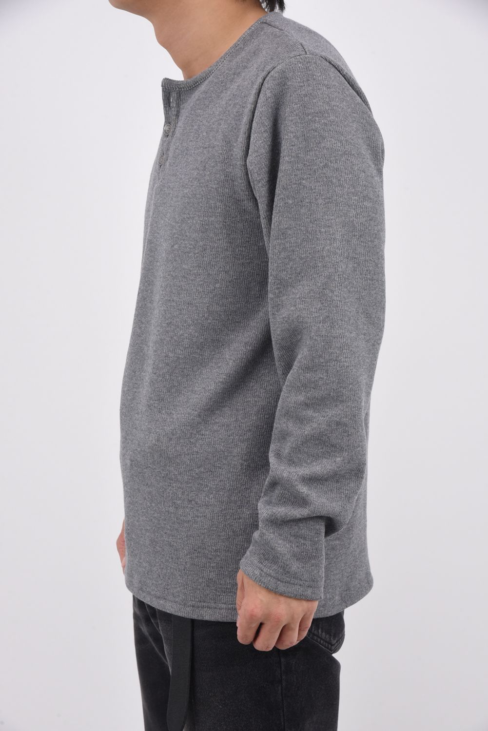 VELOURS FLEECE THERMAL HENRY / 裏起毛 サーマル生地 ロングスリーブ ヘンリーネック (グレー)