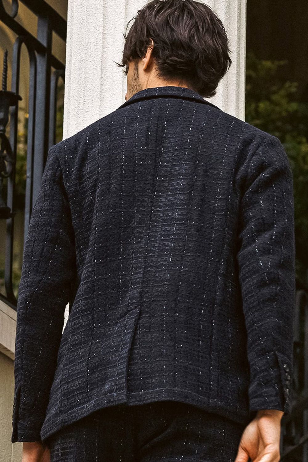 【26AW】【セットアップ】 LAME SQUARE JACQUARD JACKET & SLACKS / ファンシーツイード テーラードシングルジャケット&イージースラックス (ネイビー)