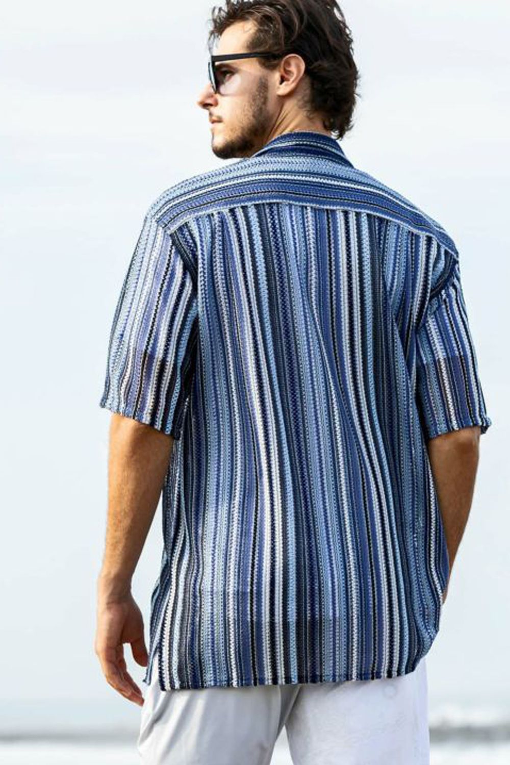 GAP KNIT STRIPED SHIRT / 透かし編み ストライプニット シャツ ブルー