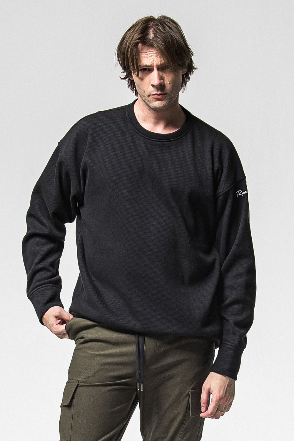 VELOURS FLEECE THERMAL  LOOSE TRAINER / 裏起毛 サーマル生地 ロングスリーブ トレーナー (ブラック) (10月中旬入荷予定) ※オーダー締切：9月1日(月)18:00