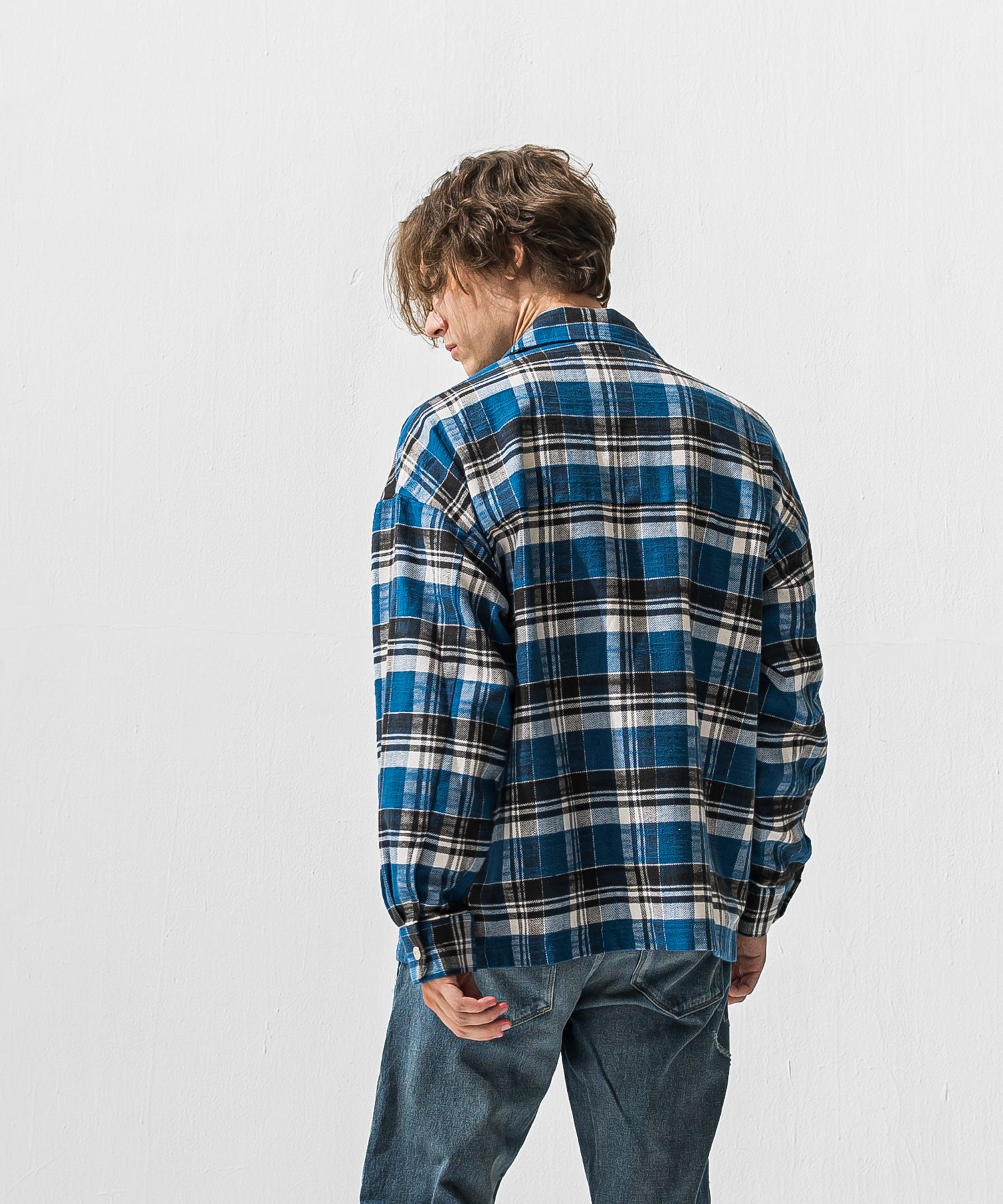 old slabl check  JK  / スラブチェック柄 オーバーサイズ ヴィンテージネルジャケット (ブルー) (12月末入荷予定) ※オーダー締切:9月7日(月)17時