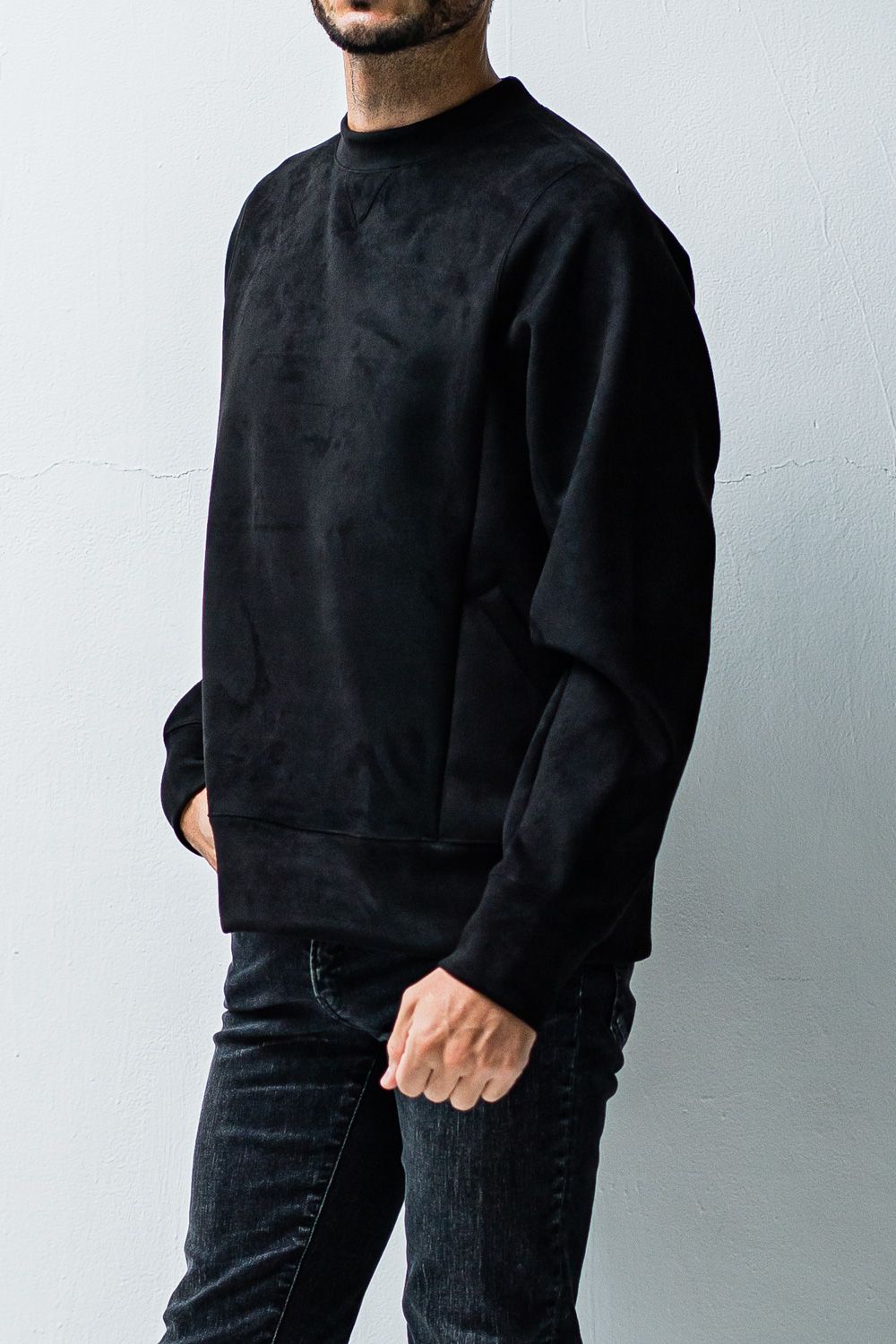 suède jersey solid trainer / スウェードジャージ モックネック トレーナー ブラック