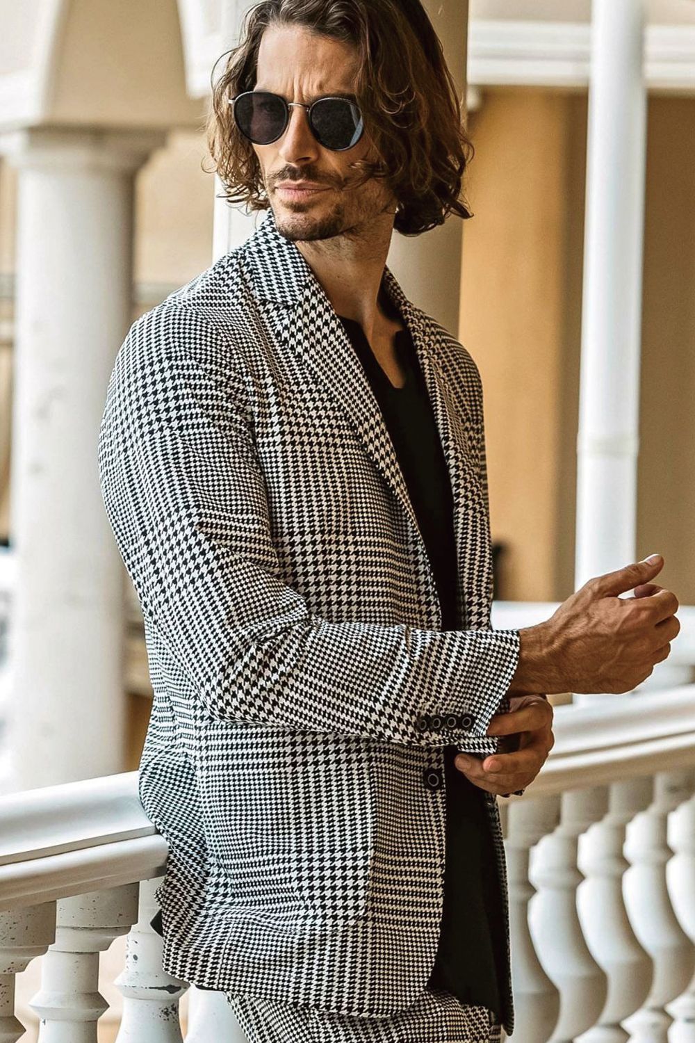 【26SS】【セットアップ】 GLEN CHECK NYLON JACKET & SLACKS / グレンチェック テーラードシングルジャケット&イージースラックス (ホワイト/ブラック)