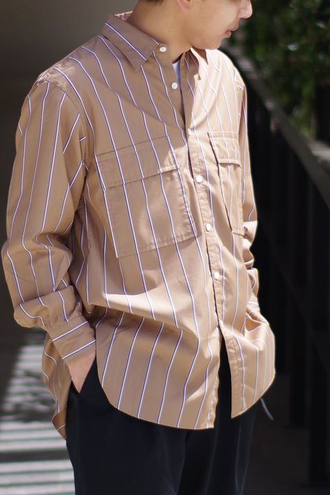 W POCKET SHIRT - CP STRIPES / コットン / ポリエステル ストライプ ダブルポケットシャツ ベージュ