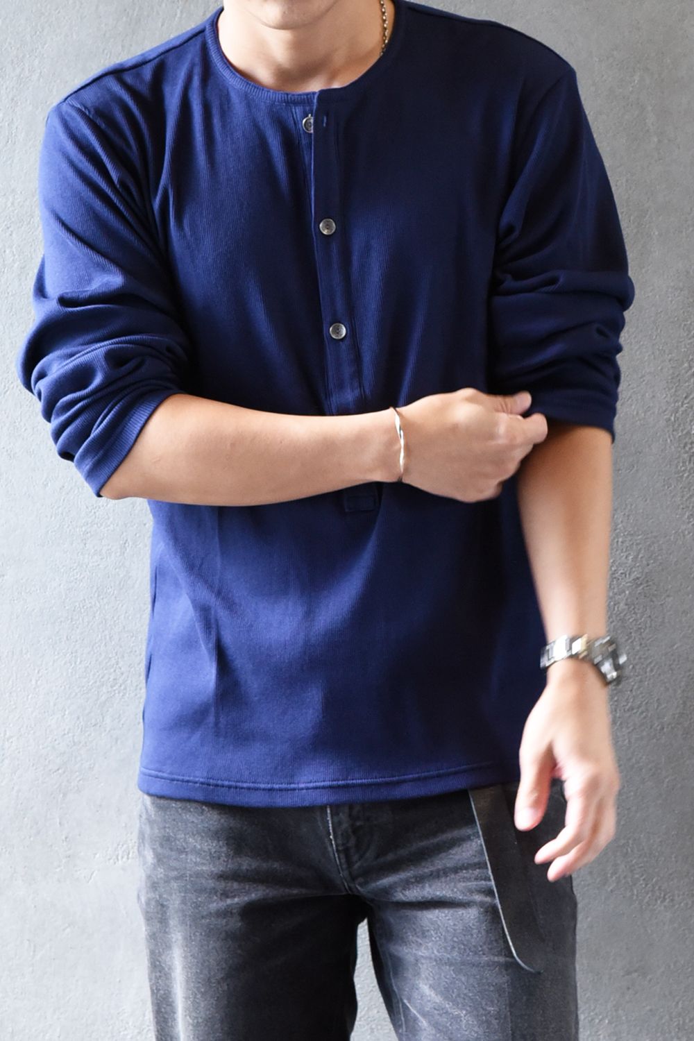 RIB HENRY LONGSLEAVE / ヘンリーネック リブニットロングスリーブTシャツ (ネイビー)