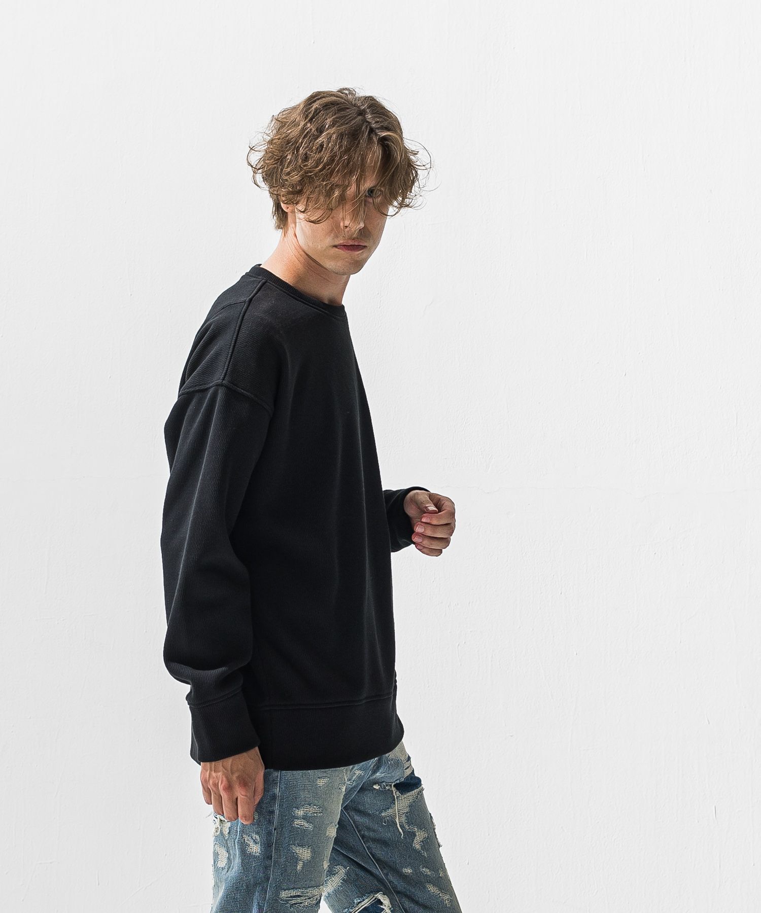 VELOURS FLEECE THERMAL  LOOSE TRAINER / 裏起毛 サーマル生地 ロングスリーブ トレーナー (ブラック) (10月下旬入荷予定) ※オーダー締切:9月7日(月)17時