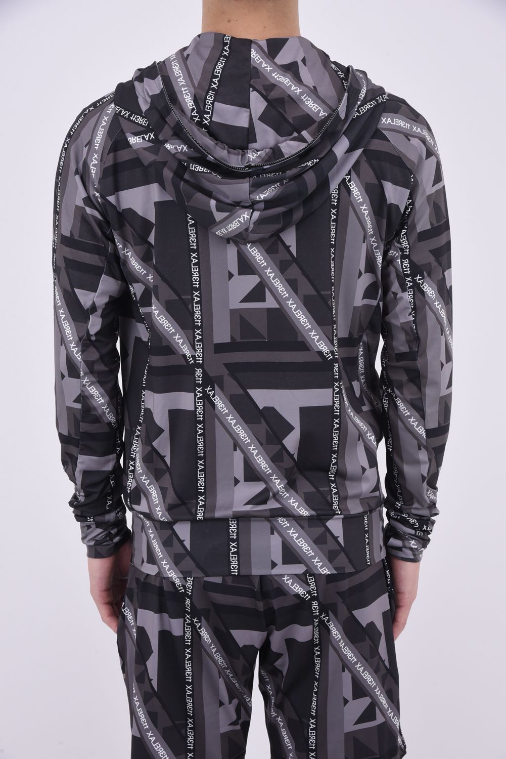GEOMETRIC HOODIE / ジオメトリック柄 ラッシュガードパーカー チャコール×ブラック