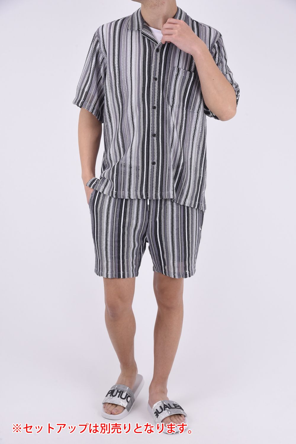 GAP KNIT STRIPED SHIRT / 透かし編み ストライプニット シャツ グレー