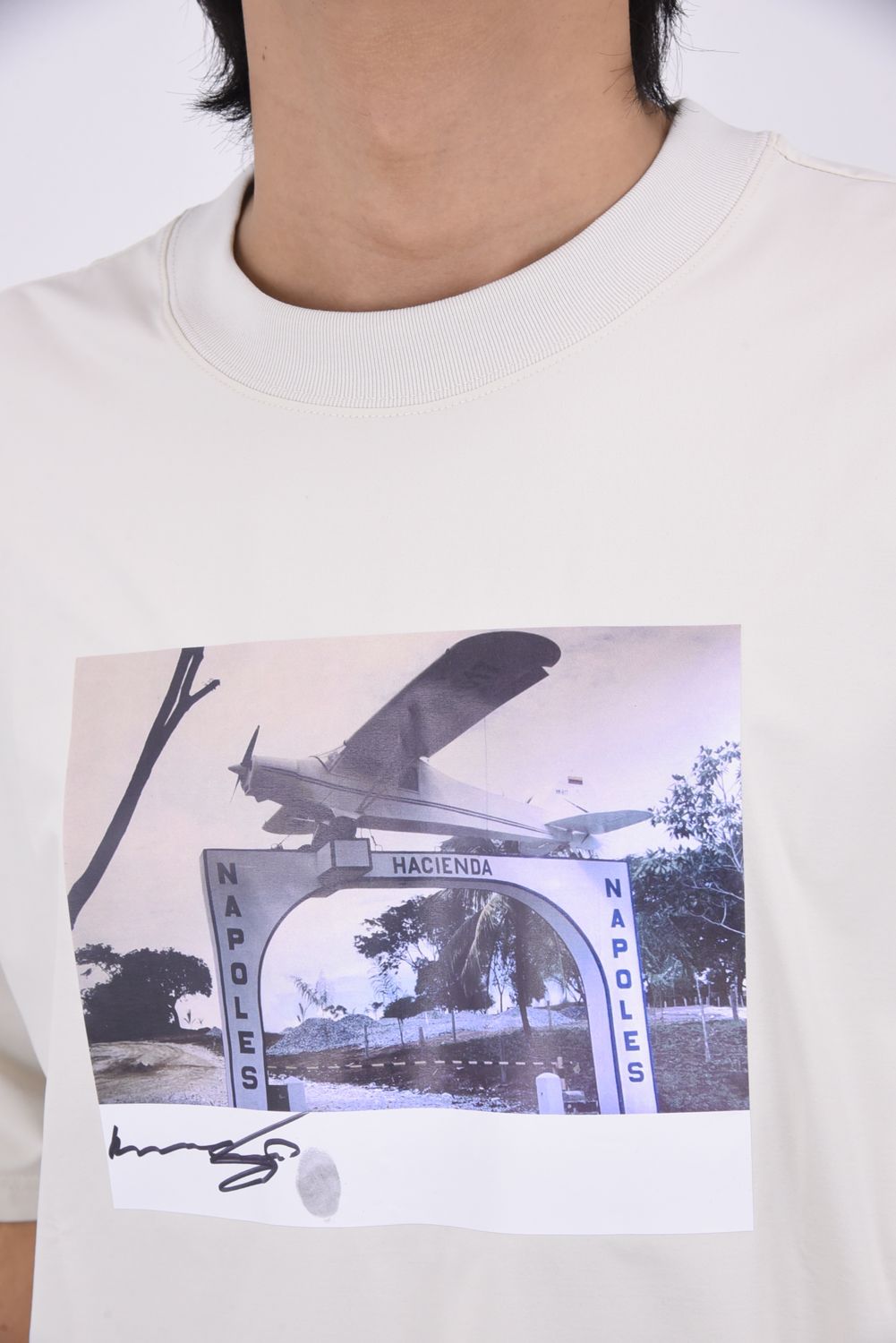 HELI OVERNYLON T / ナイロントリコット フォトプリント オーバーサイズ Tシャツ (グレージュ)