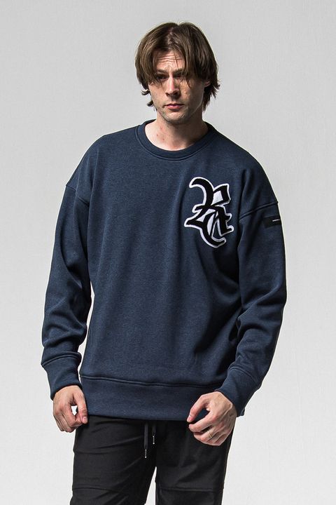 RC CHENILLE VELOURS FLEECE DROP TRAINER / サガラ刺繍ワッペン 裏起毛 ルーズトレーナー (ネイビー)