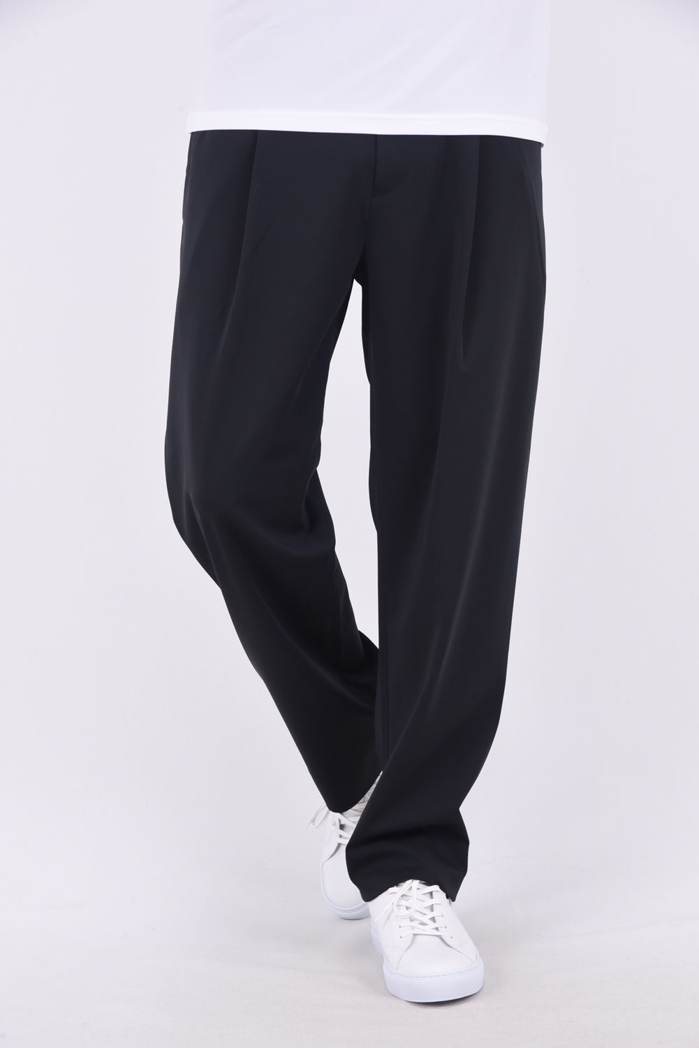 1OUT-PLEATS PANTS - STRETCH JERSEY / ポリエステルジャージー 1アウトプリーツ スラックス ブラック