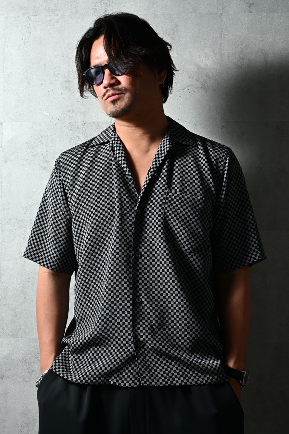 ICHIMATU SHIRTS / 市松模様 ハーフスリーブ オープンカラーシャツ (ブラック/グレー) (3月中旬入荷予定) ※オーダー締切12/13(土)17:00