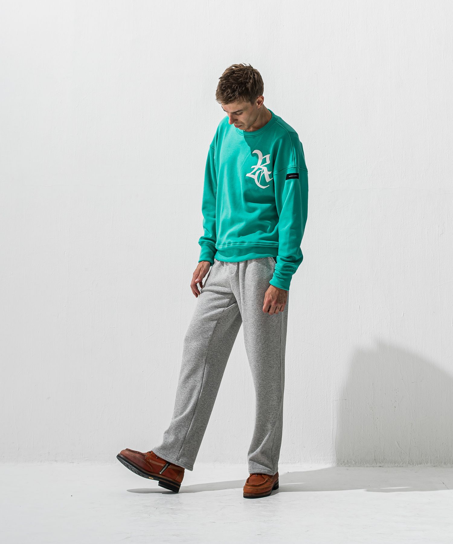 RC CHENILLE VELOURS FLEECE DROP TRAINER / サガラ刺繍ワッペン 裏起毛 ルーズトレーナー (ブルーグリーン) (11月上旬入荷予定) ※オーダー締切:9月7日(月)17時