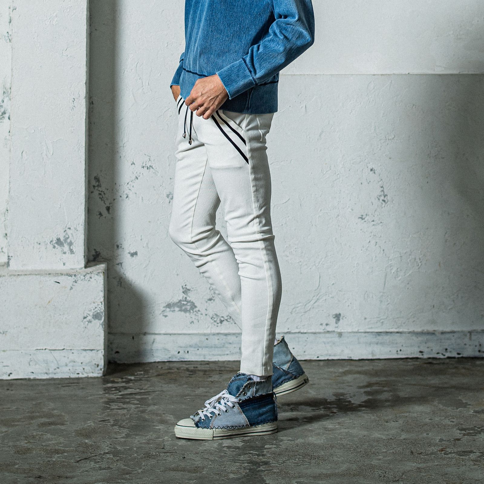 EX DENIM JERSEY EDGE PT / ダブルライン タイトテーパード デニムジャージ ホワイト (9月上旬入荷予定)