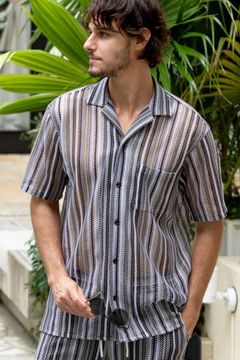 GAP KNIT STRIPED SHIRT / 透かし編み ストライプニット シャツ グレー