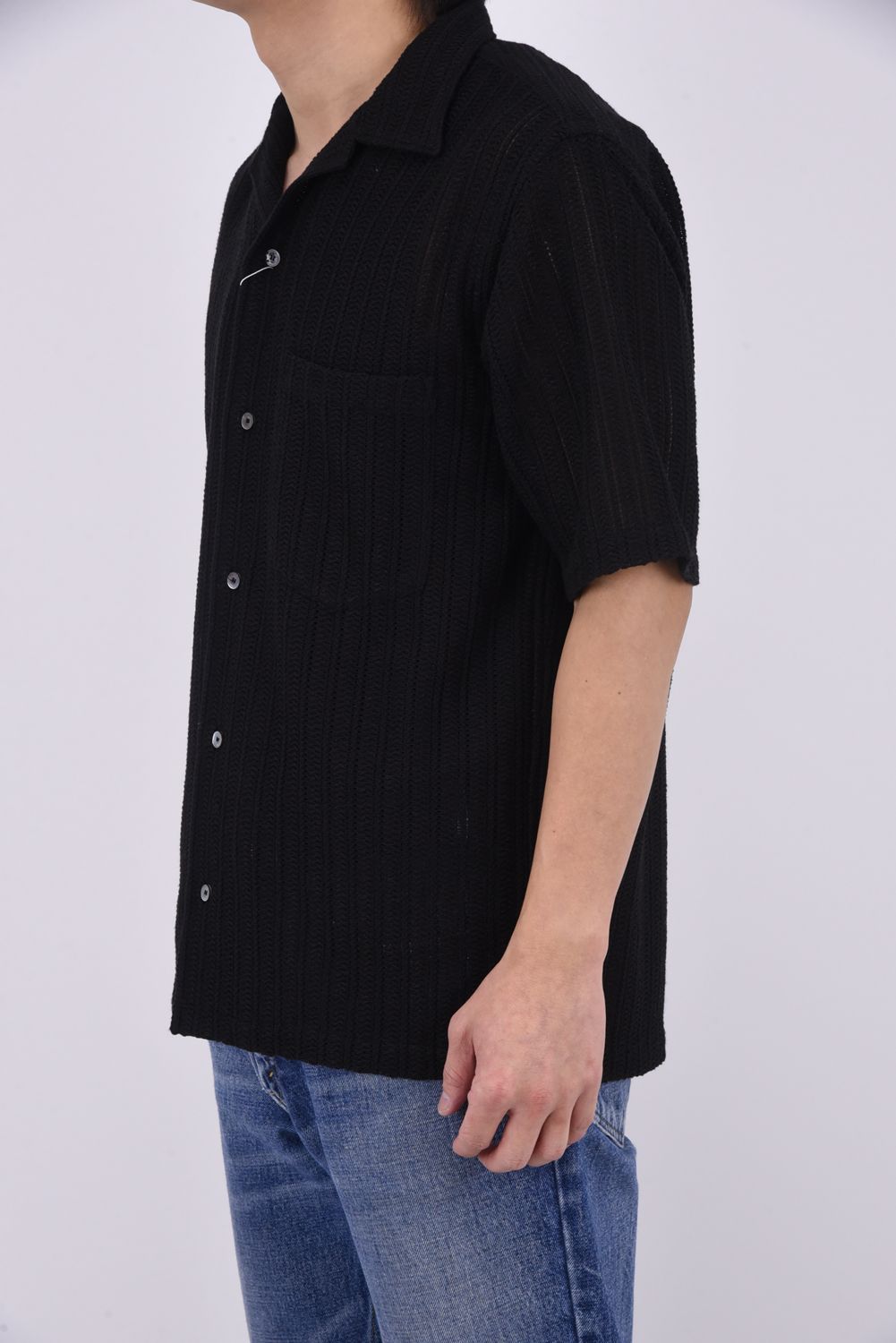 RUSSEL SHIRTS / リラックスシルエット ラッセル織り オープンカラーシャツ (ブラック)