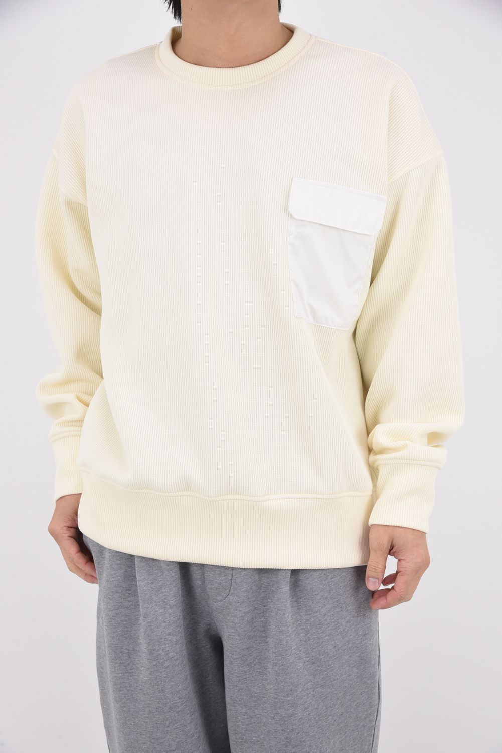 【26SS 39th】 AZE MILITARY DROP TRAINER / 畦編みニット フラップポケット スウェット (オフホワイト)