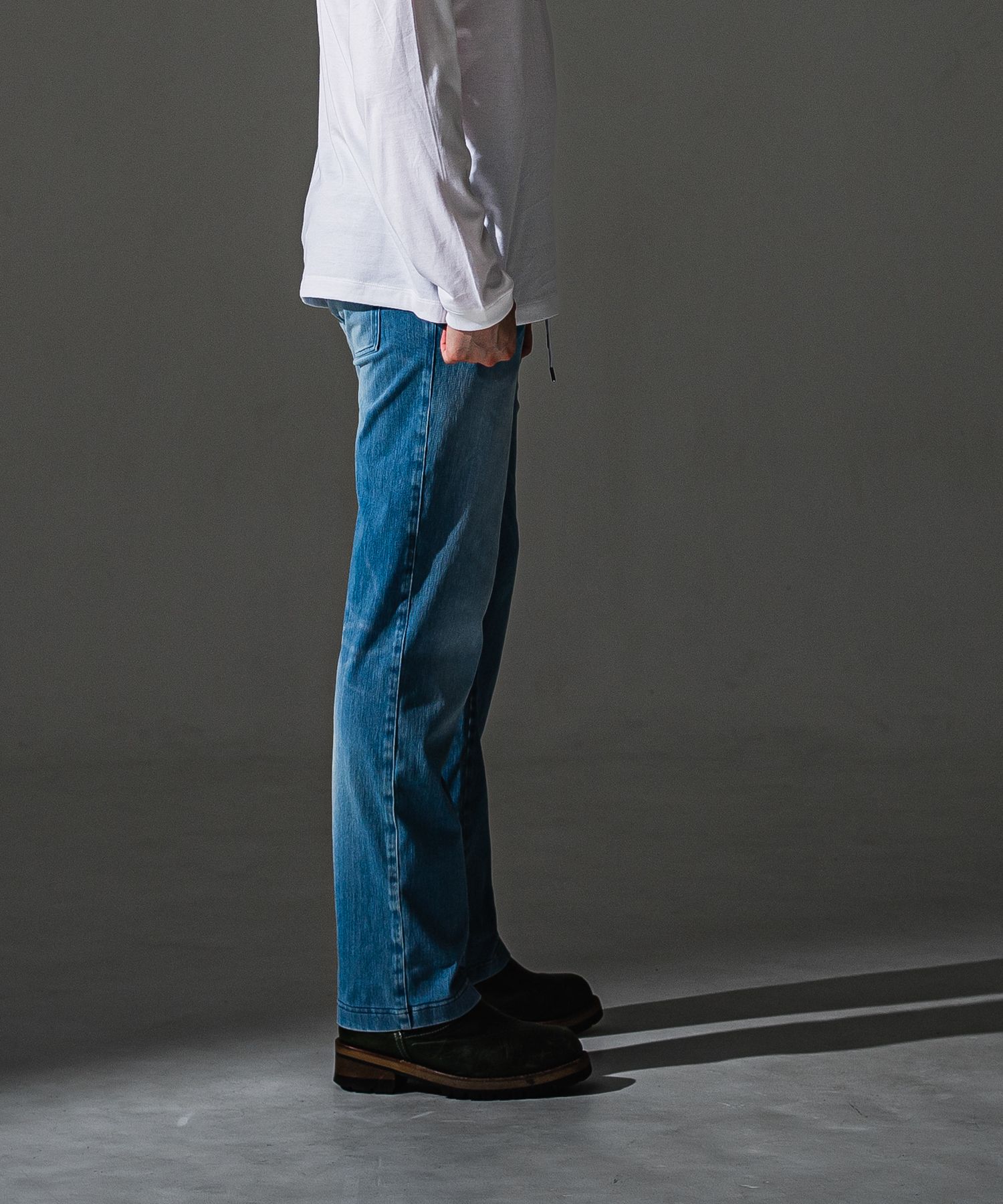 DENIM JERSEY WIDE PT / ジャージデニム セミワイド ワンタック スラックス型イージーパンツ (ライトインディゴ)（8月中旬入荷予定）※オーダー締切:5月23日(土)17時