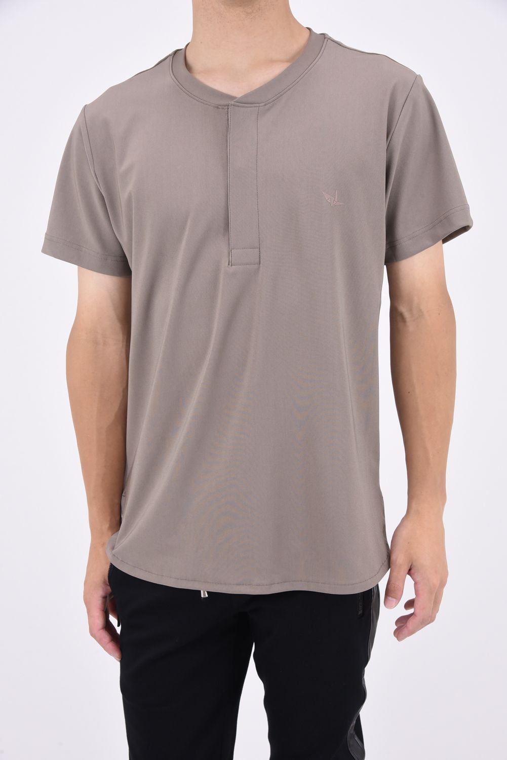 ROUND BIG HENLEY T / ラウンドカット ヘンリーネックTシャツ グレーベージュ