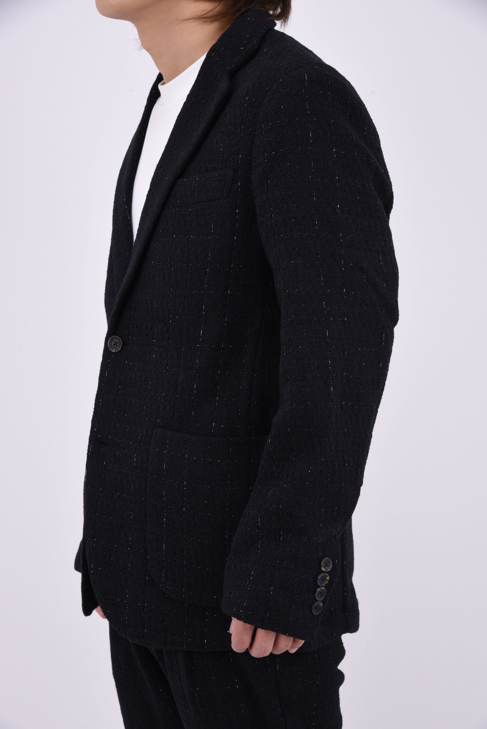 【26AW】【セットアップ】 LAME SQUARE JACQUARD JACKET & SLACKS / ファンシーツイード テーラードシングルジャケット&イージースラックス (ブラック)