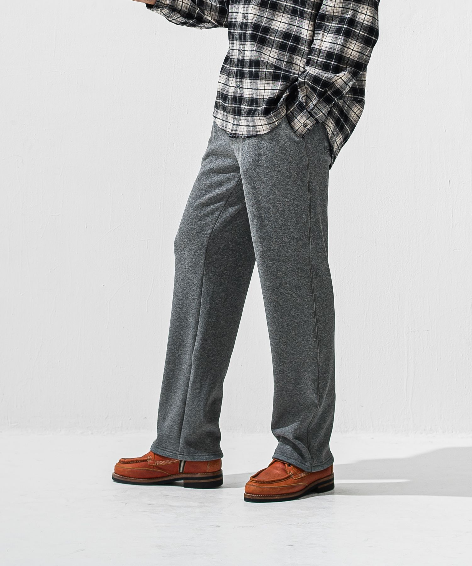 VELOURS FLEECE WIDE TUCK PANTS / 裏起毛 ベロアフリース セミワイド ワンタック イージーパンツ (チャコール) (11月中旬入荷予定) ※オーダー締切:9月7日(月)17時
