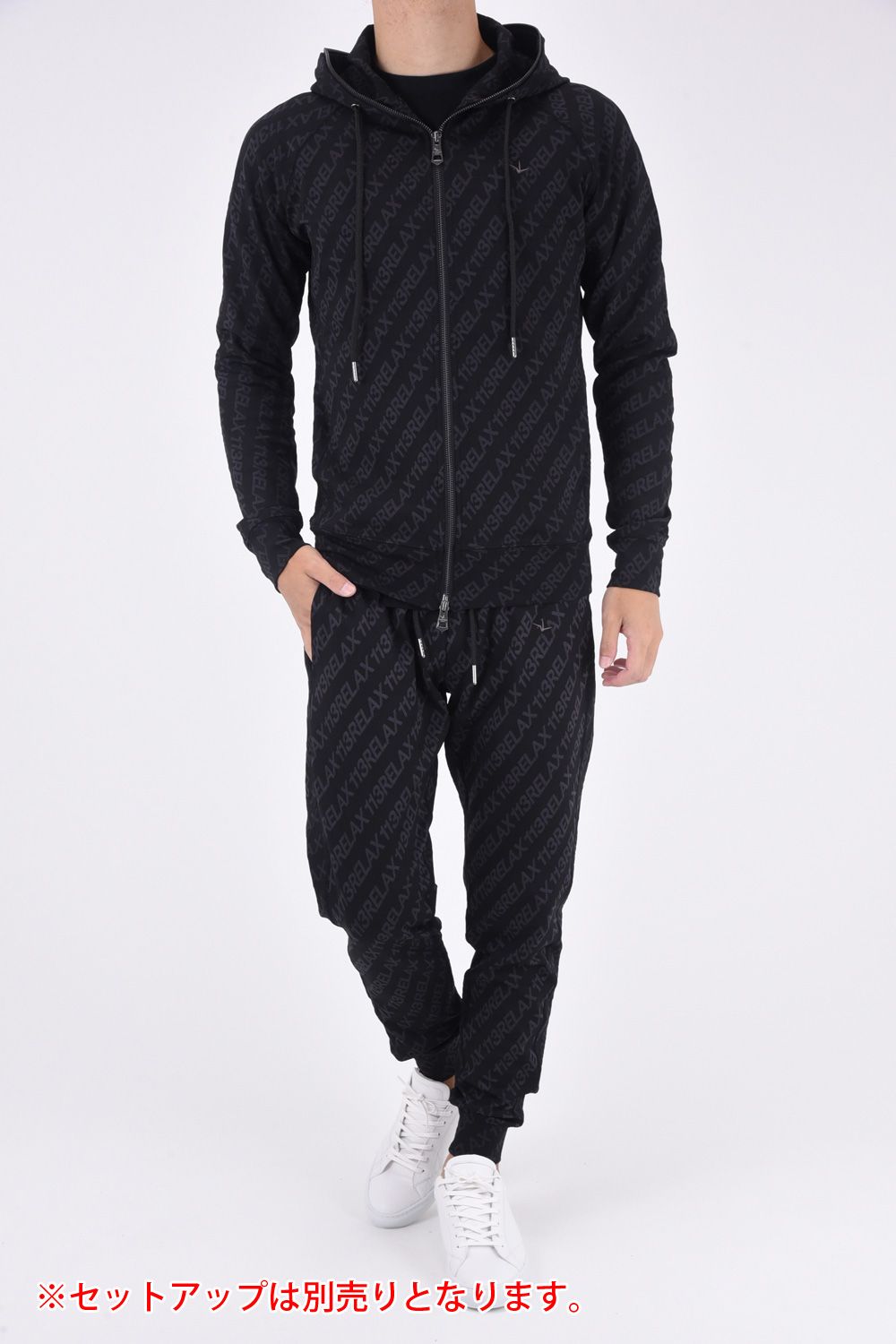 1PIU JACQUARD HOODIE / 総柄 ロゴジャガード フルジップ パーカー ブラック