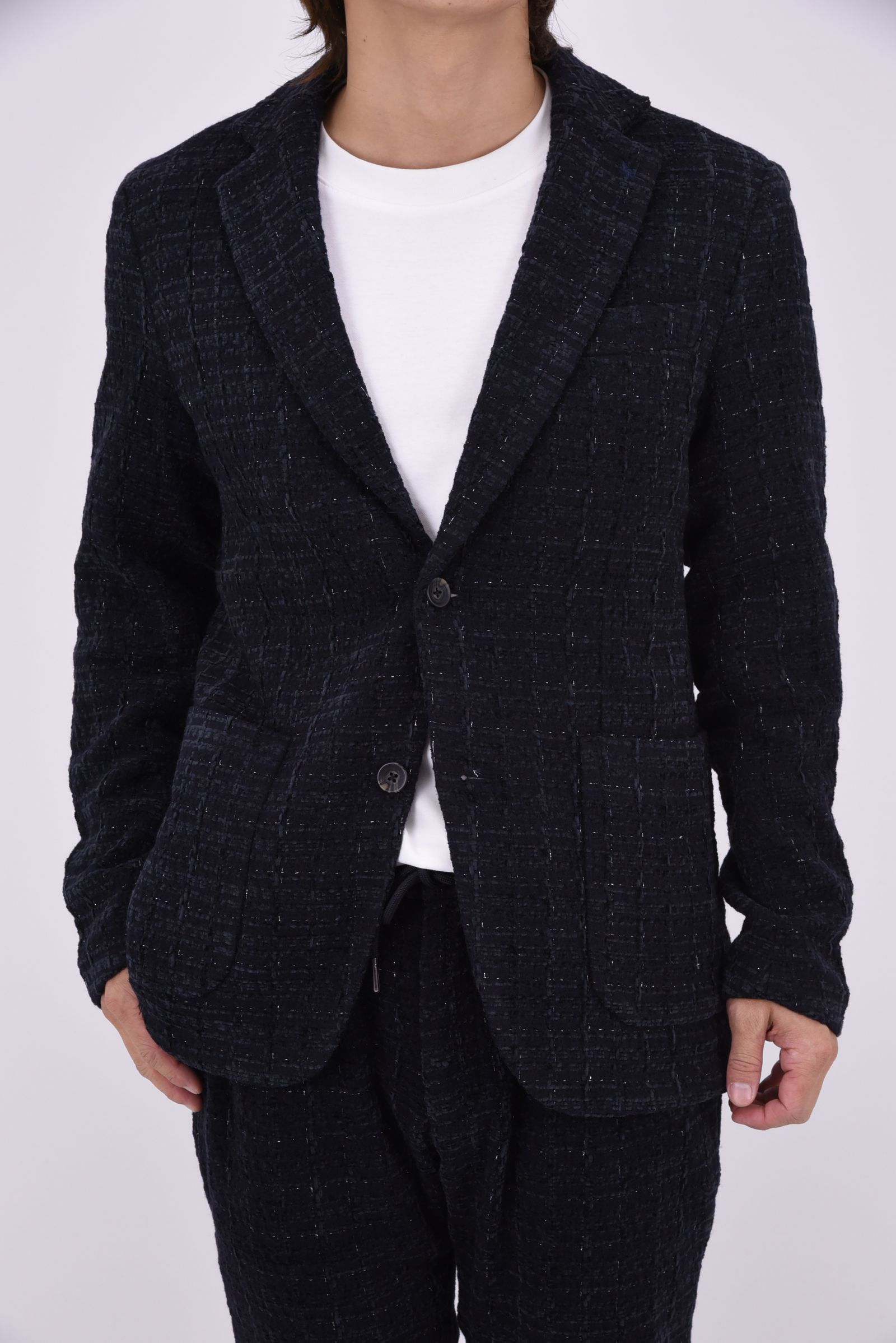 【26AW】【セットアップ】 LAME SQUARE JACQUARD JACKET & SLACKS / ファンシーツイード テーラードシングルジャケット&イージースラックス (ネイビー)