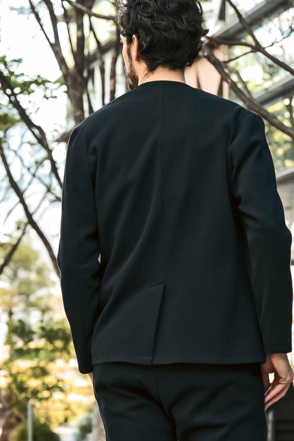 COLLARLESS CUT AND SEW JACKET / ノーカラー 鹿の子 ニットジャケット (ブラック)