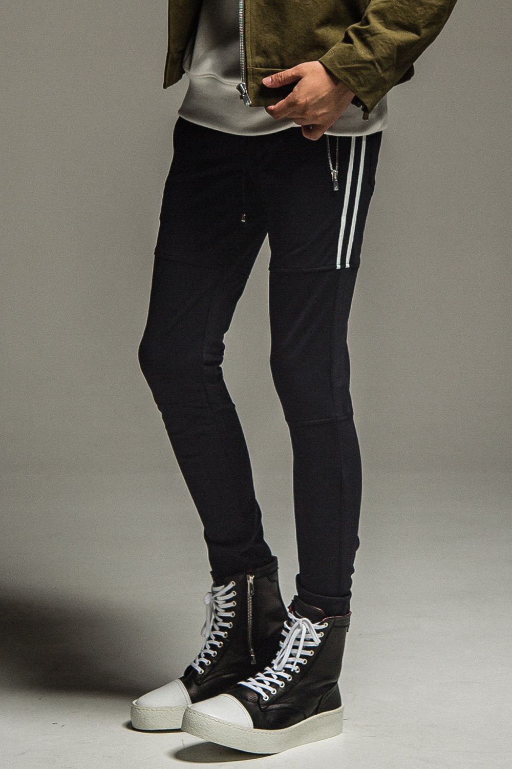 JOHNSON LINE HEAT PT / 【定番商品】 裏ボアフリース ハイブリットジャージー ラインパンツ ブラック / ホワイト