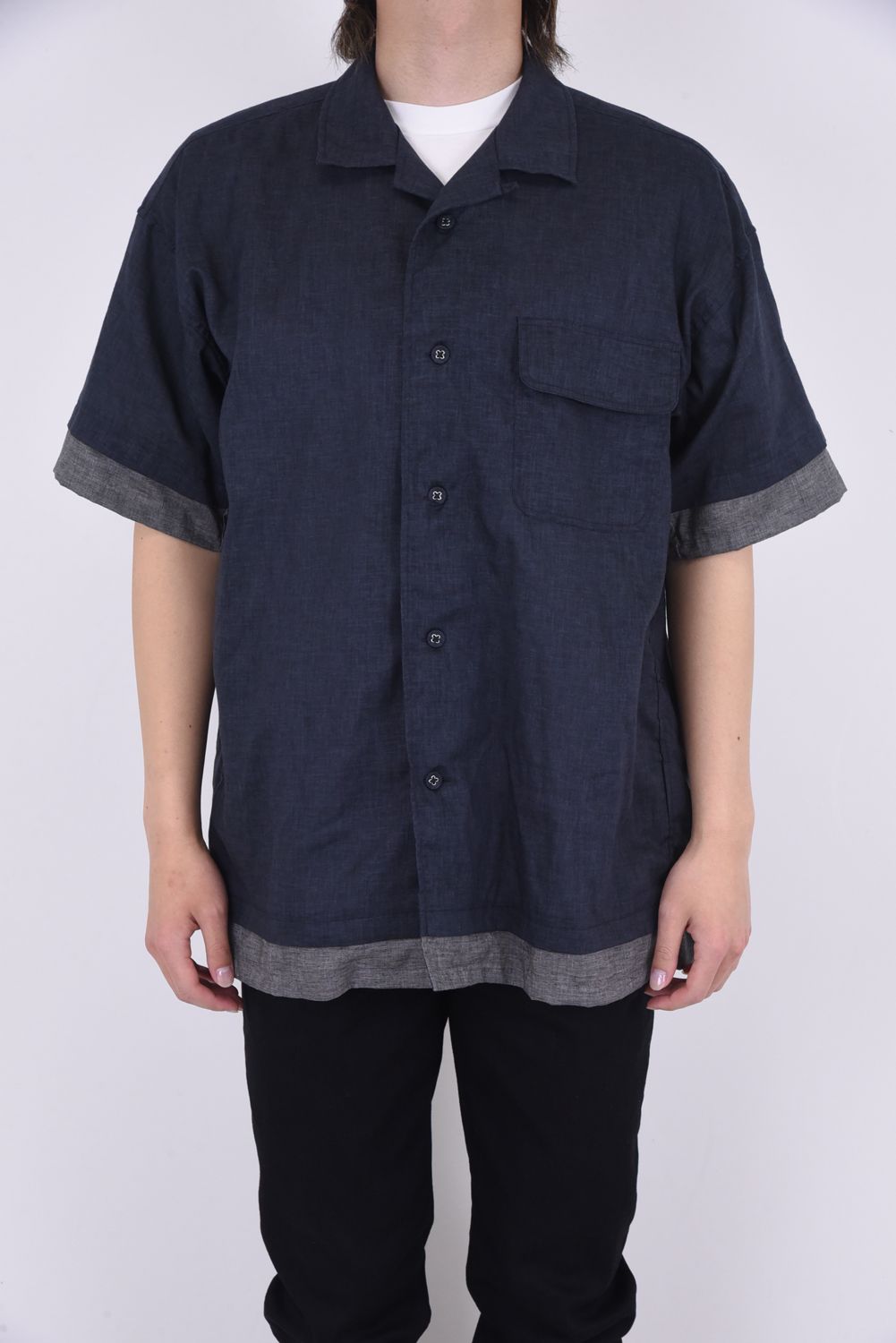 LAYERED HALF SLEEVES OPEN COLLAR SHIRT / レイヤード オープンカラー 半袖 シャツ チャコール
